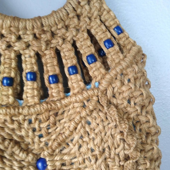 Vintage Macrame Tote Bag with Blue Wood Beads & Wood Handles - Picture 4 of 9